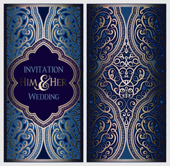 Wedding invitation card with gold shiny eastern and baroque rich foliage. Ornate islamic background for your design. Islam, Arabic, Indian, Dubai.