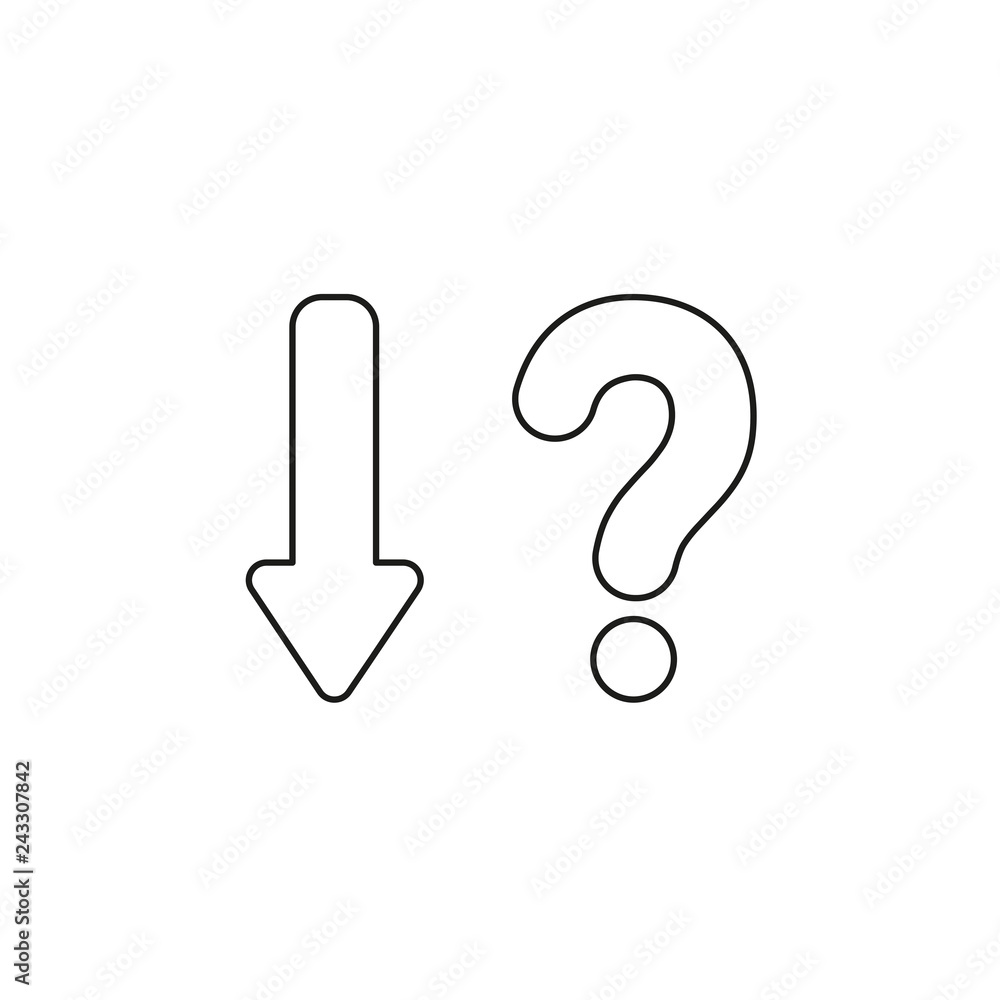 Poster vector icon concept of arrow down with question mark. black outlines.