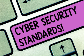 Handwriting text Cyber Security Standards. Concept meaning Rules for organizational info security standards Keyboard key Intention to create computer message pressing keypad idea
