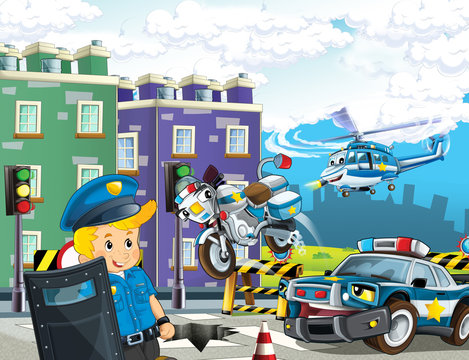 cartoon scene with police car motor helicopter flying and policeman on patrol - illustration for children © honeyflavour