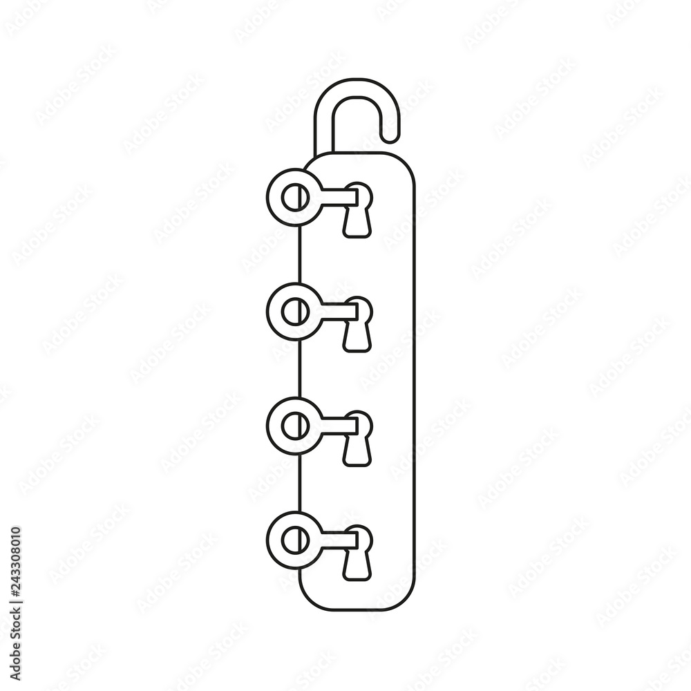 Poster vector icon concept of four keys into four keyholes and unlock padlock. black outlines.