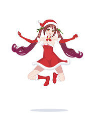 Fototapeta na wymiar Joyful anime manga girl as Santa Claus in a jump