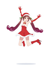 Joyful anime manga girl as Santa Claus in a jump