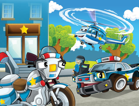 cartoon scene with police car and sports car car at city police station helicopter flying and policeman - illustration for children