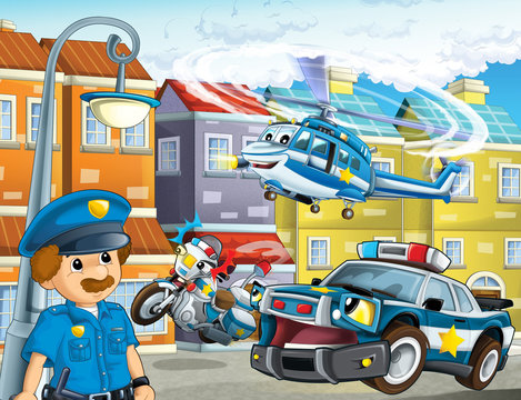 cartoon scene with police car motor and helicopter flying and policeman on patrol - illustration for children