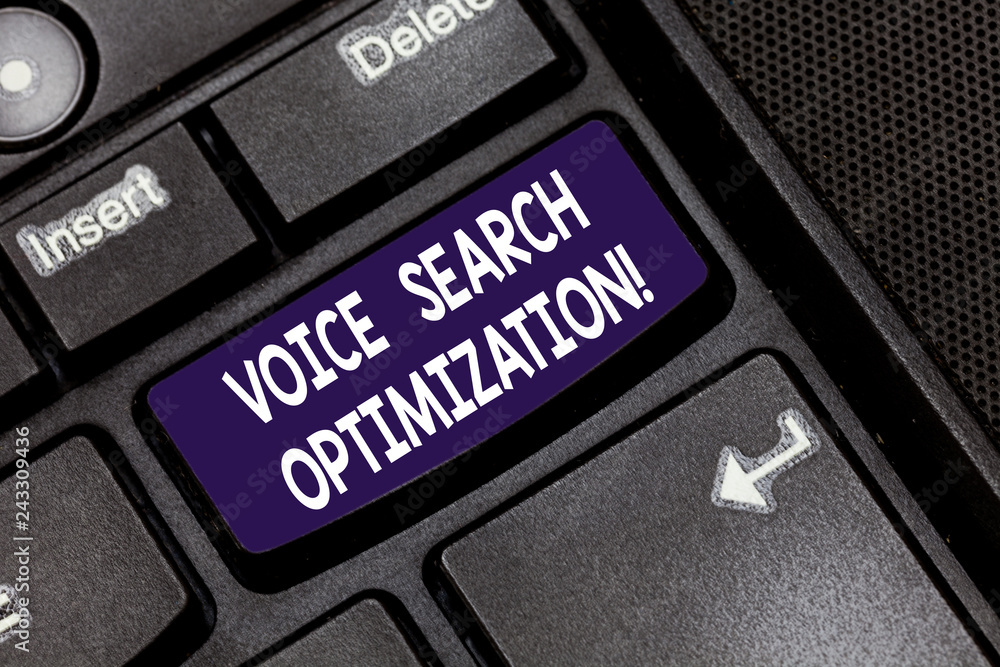 Fototapete Writing note showing Voice Search Optimization. Business photo showcasing enhance web searching through spoken comanalysisds Keyboard key Intention to create computer message pressing keypad idea