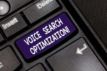 Writing note showing Voice Search Optimization. Business photo showcasing enhance web searching...