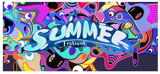 Obraz premium Vector colorful summer banner. Illustration background template for summer festival. Summer sale promotion banner and poster.