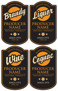 Vector set of four labels for various alcoholic beverages in the figured frame with calligraphic inscriptions on black background in retro style