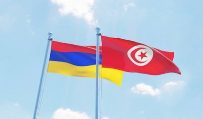 Tunisia and Armenia, two flags waving against blue sky. 3d image