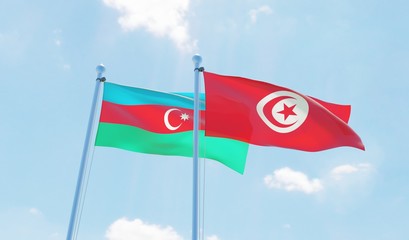 Tunisia and Azerbaijan, two flags waving against blue sky. 3d image