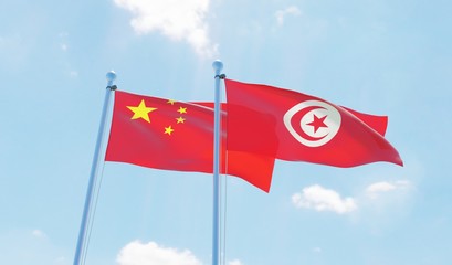 Tunisia and China, two flags waving against blue sky. 3d image