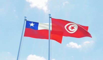 Tunisia and Chile, two flags waving against blue sky. 3d image
