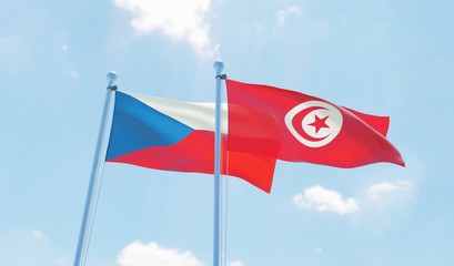 Tunisia and Czech, two flags waving against blue sky. 3d image