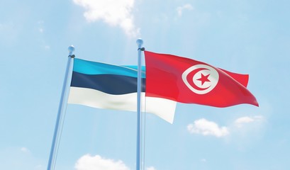 Tunisia and Estonia, two flags waving against blue sky. 3d image