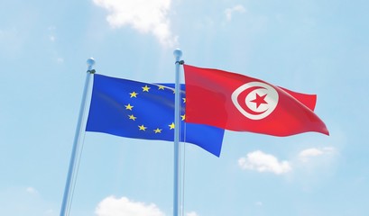 Tunisia and European Union, two flags waving against blue sky. 3d image