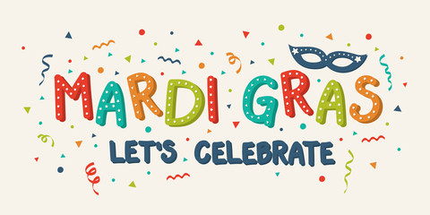 Design of Mardi Gras Carnival banner with mask and confetti. Vector