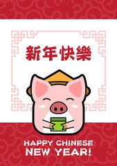 Fototapeta na wymiar Chinese New Year 2019. greeting card template. Stylized pig in traditional hat with a gift. Auspicious year of the pig