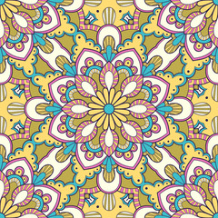 Decorative colorful ethnic seamless pattern for fabric or wrapping in oriental style. Hand drawn illustration