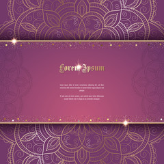 Greeting card or invitation template with golden ornament and confetti. Design for any purposes: wedding, birthday, anniversary or christmas