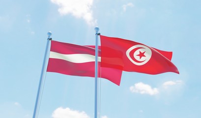 Tunisia and Latvia, two flags waving against blue sky. 3d image