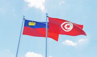 Tunisia and Liechtenstein, two flags waving against blue sky. 3d image
