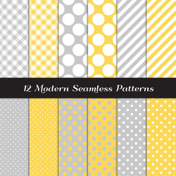 Pastel Yellow and Gray Polka Dots, Gingham and Stripes Seamless Vector Patterns. Subtle Backgrounds for Gender Neutral Baby Shower or Wedding Invites or Decor. Repeating Pattern Tile Swatches Included