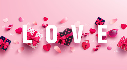Valentine's Day and Love banner with sweet gift,sweet heart and lovely items on pink background.Promotion and shopping template or background for Love and Valentine's day concept.Vector EPS10