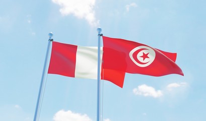 Tunisia and Peru, two flags waving against blue sky. 3d image