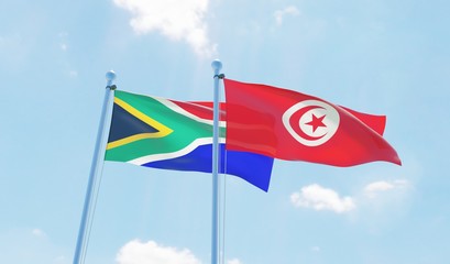 Tunisia and South Africa, two flags waving against blue sky. 3d image