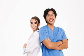 Happy doctors couple wearing uniform