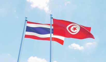 Tunisia and Thailand, two flags waving against blue sky. 3d image