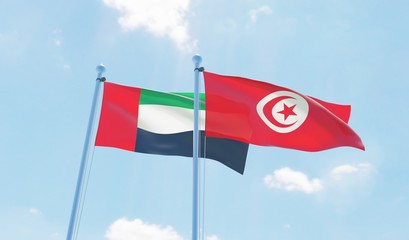 Tunisia and UAE, two flags waving against blue sky. 3d image