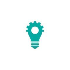 Blue bulb with gear flat icon. Isolated on white. New business idea. New technology or idea.