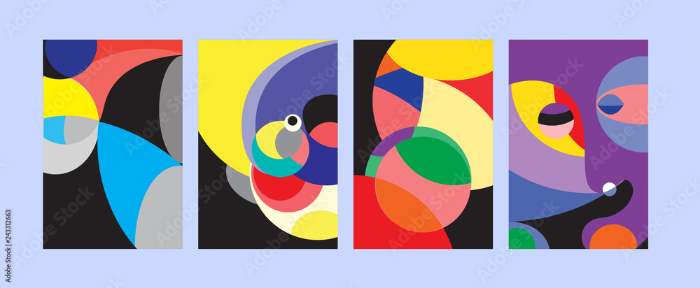 Poster vector abstract colorful geometric and curvy pattern background illustration. set of abstract tribal