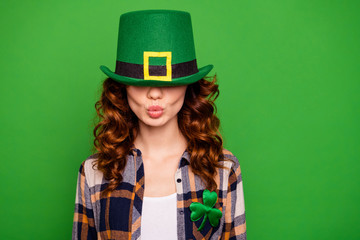 Close up photo of cool pretty she her lady  cap hiding eyes send