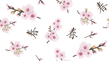 The idea of textile design, wallpaper, packaging, printing. Rose on white background. Handmade Seamless pattern in the Japanese style. Spring pattern of sakura flowers.