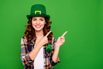 Close up photo of she her lady curly brunette finger shows to em