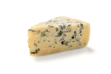 Wedge of soft blue cheese with mold isolated on white background.