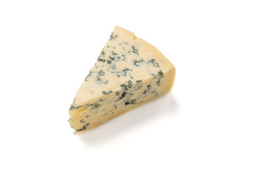 Wedge of soft blue cheese with mold isolated on white background.