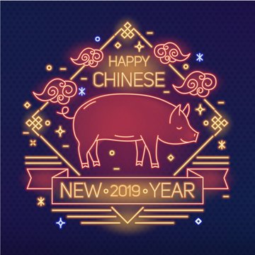Happy new 2019 year festive banner with cute pig drawn with glowing neon lines on dark background. Symbol of Chinese Zodiac, decoration for eastern holiday celebration. Linear vector illustration.