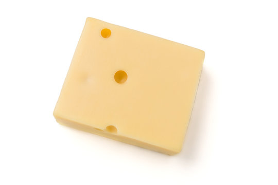 Square gouda cheese slice isolated on a white background.