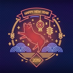 Chinese new year banner template with funny pig and traditional paper lanterns drawn with glowing neon lines on dark background. Festive decoration for holiday celebration. Linear vector illustration.