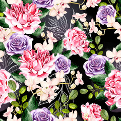 Watercolor pattern with green leaves, rose and orchids flowers.
