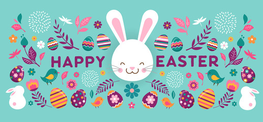 Happy Easter, vector banner with flowers, eggs and bunnies