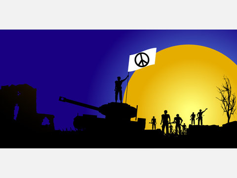 Peace flag with soldiers silhouette and tank