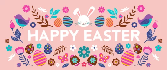 Gordijnen Happy Easter, vector banner with flowers, eggs and bunnies © Marina Zlochin