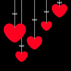 Red heart icon set. Happy Valentines day sign symbol simple template. Hanging dash line, bow. Cute graphic object. Flat design style. Love greeting card. Isolated. Black background.