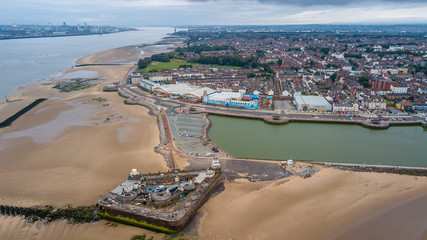 Aerial view of Fort Perch Rock with Wallasey and Liverpool in the distance 