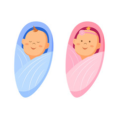Two cute twin babies, a baby girl and a baby boy, vector illustration